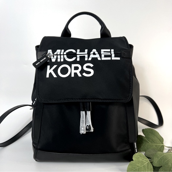 Michael Kors Medium Logo Drawstring Backpack Black/White NWT - Picture 1 of 14